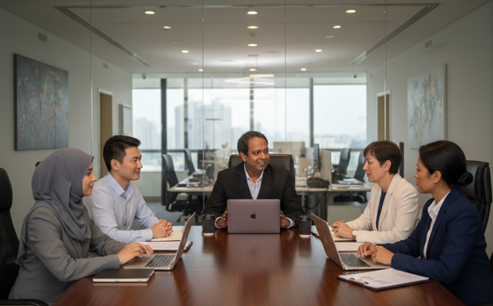 Corporate training team collaborating in a modern boardroom