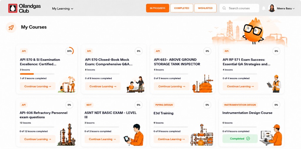 Oilandgasclub LMS dashboard with courses, progress tracking, and analytics