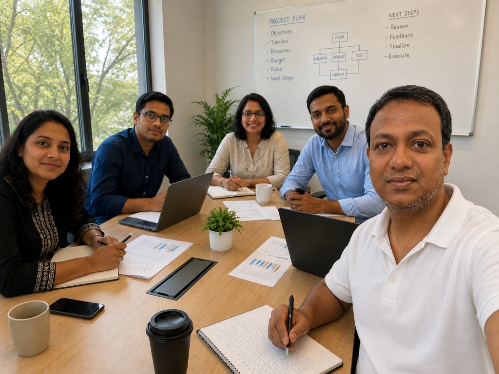 Corporate team collaborating in a professional office meeting